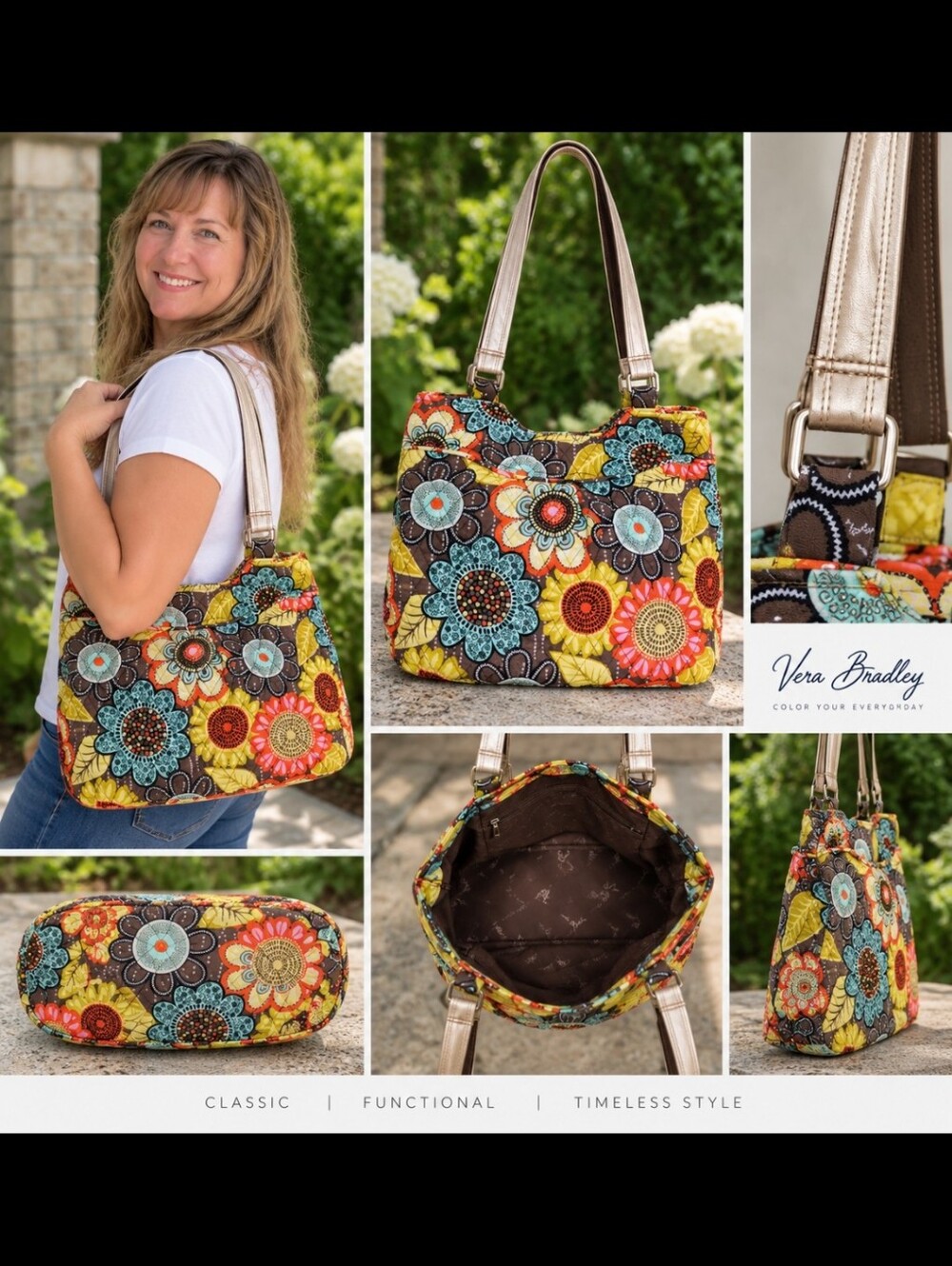 Vera Bradley Quilted Floral Shoulder Bag in Yellow, Blue & Brown